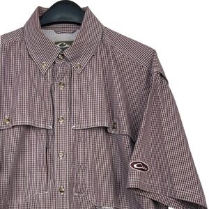 Drake Waterfowl Mens L Relaxed Short Sleeve Vented Fishing Shirt Maroon Plaid